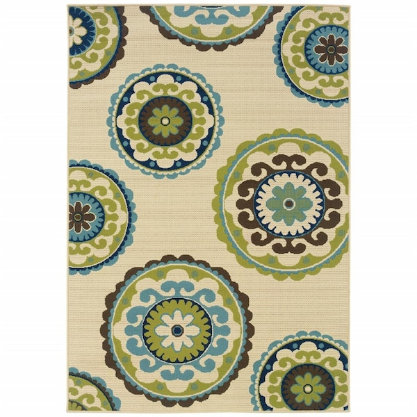 Palacedesigns 9 x 13 ft. Ivory Indigo & Lime Medallion Disc Indoor & Outdoor Area Rug - Ivory - 9 x 13 ft. PA3661205 - main